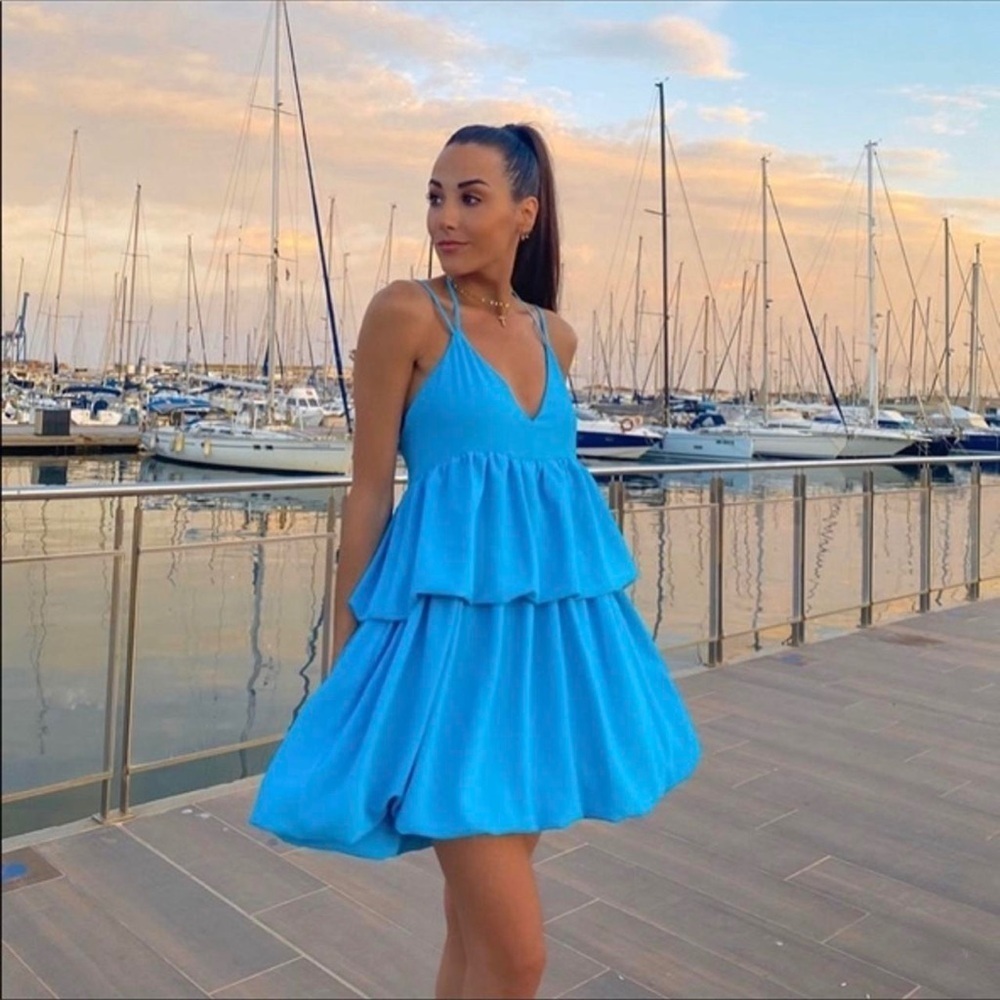 Zara Thin Strap Layered Ruffle Bubble Hem Mini Dress Light Blue Medium